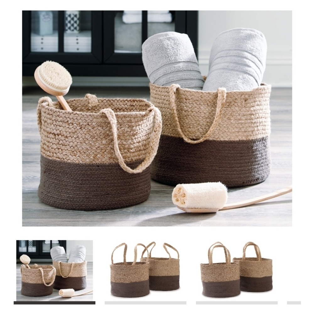 Two-Tone Decorative Boho Basket Set Of 2 In Charcoal Gray and Brown